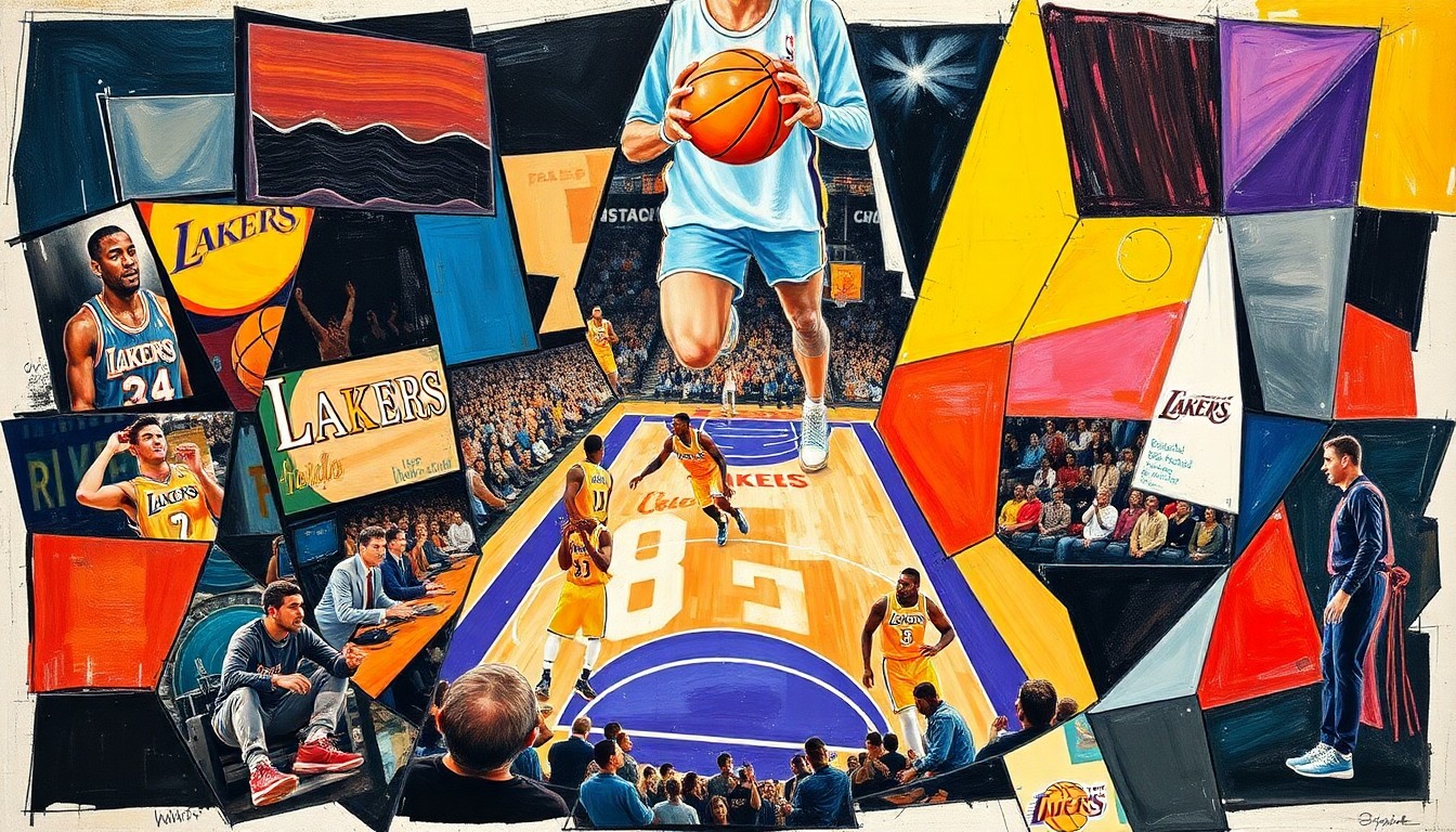 A fragmented, geometric painting depicting a basketball game between the Lakers and Rockets, with sharp planes and angles representing the players' movements and the court's layout.