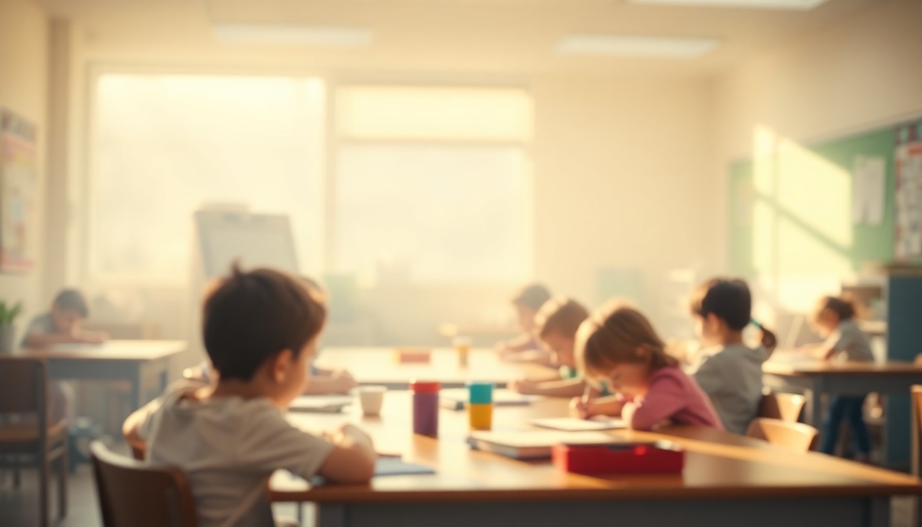 An abstract, impressionistic photograph of a classroom filled with the blurred shapes of children engaged in play and learning, with soft, warm lighting and muted colors creating a dreamlike, intimate atmosphere.