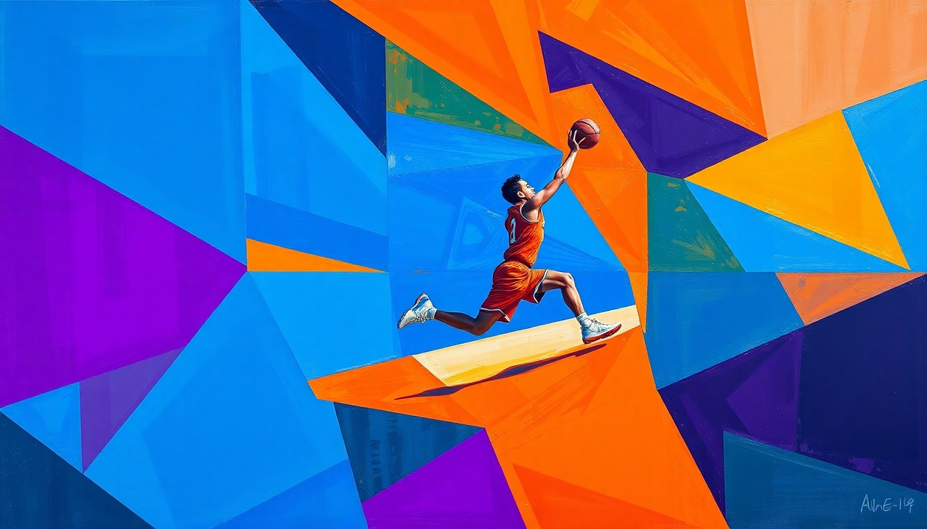 A cubist, geometric painting depicting a basketball player's movements and skills, with sharp, overlapping planes of vibrant colors like blue, orange, and purple, conveying the energy and talent Eian Elmer will bring to the Wisconsin Badgers.