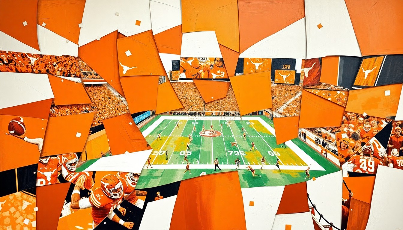 A cubist, geometric painting in burnt orange and white, depicting fragmented, overlapping views of a Texas Longhorns football practice or game, capturing the energy and movement of the sport.