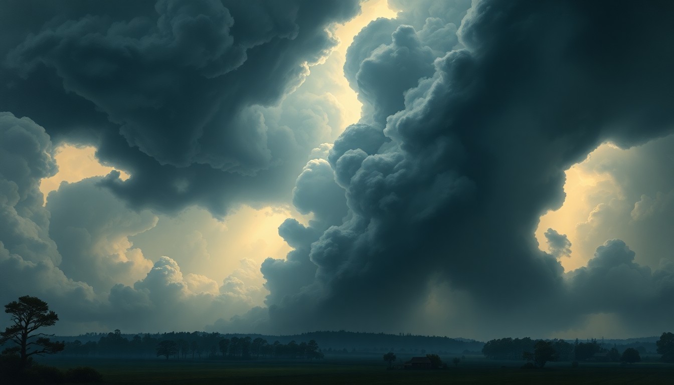 A vast, atmospheric landscape painting depicting a heavy rainstorm sweeping across a rural Mississippi countryside, with the silhouettes of trees and buildings dwarfed by the towering, turbulent clouds.