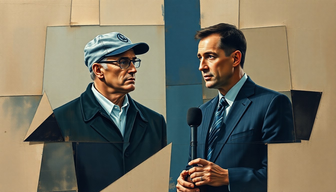 A fractured, cubist-style painting depicting the abstract forms of a football coach and sports reporter, rendered in muted earth tones and deep blues to convey the serious nature of the story.