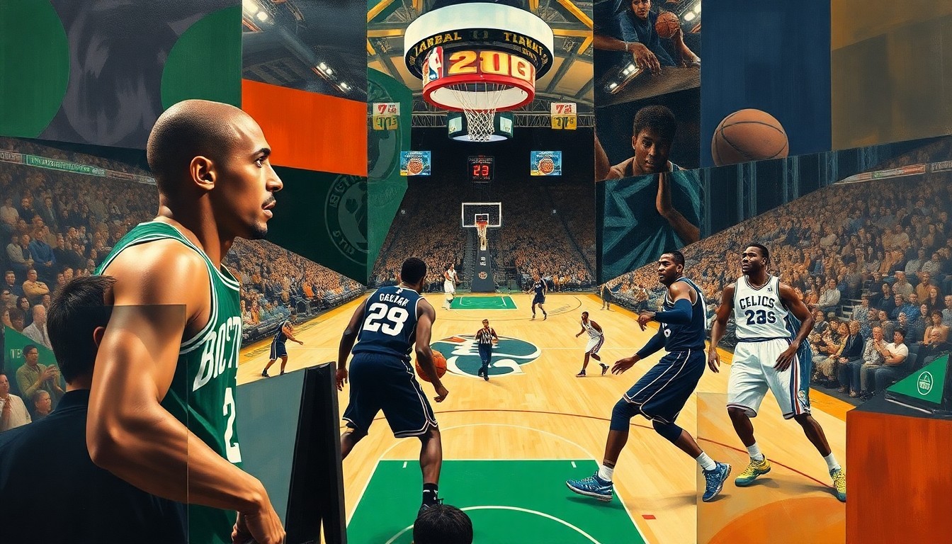 A cubist, geometric painting depicting an abstract basketball game, with the players' figures broken down into overlapping shapes and planes of color, reflecting the competitive energy of the playoff matchup.