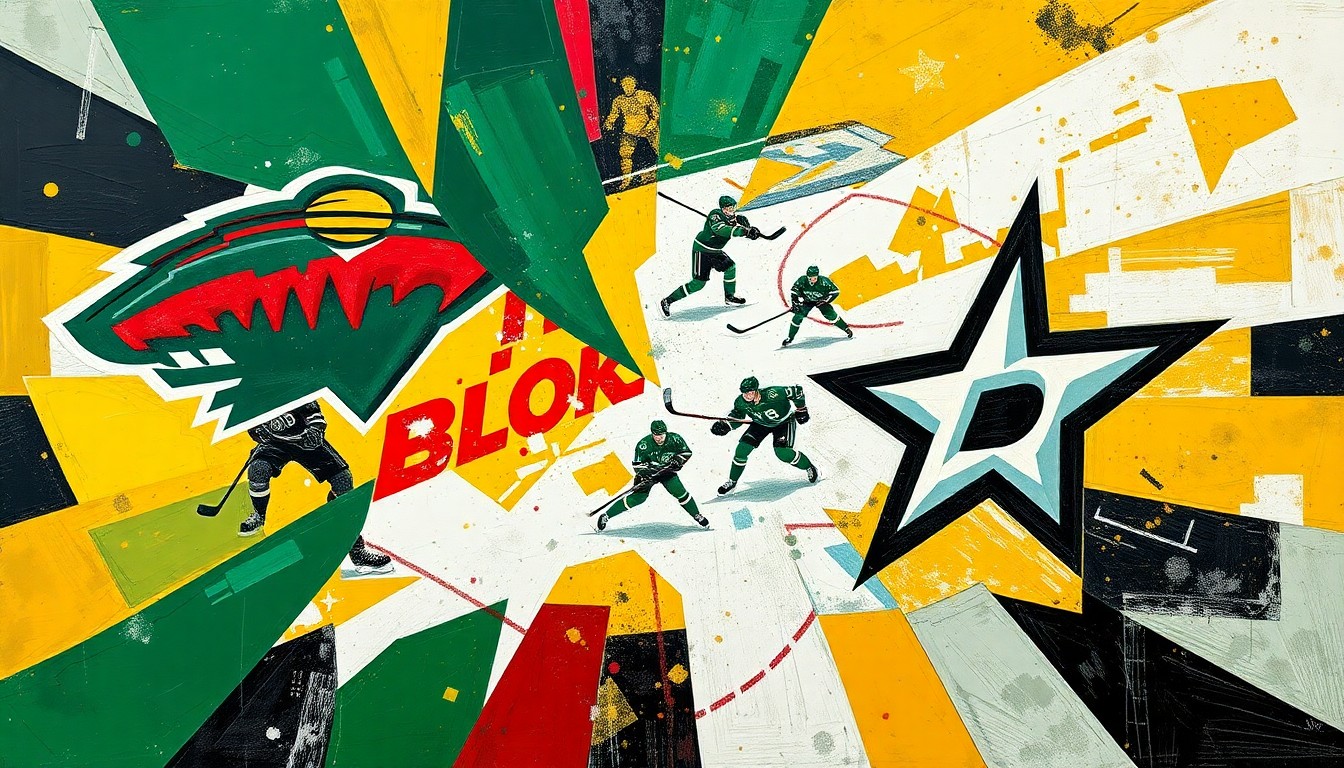 A fractured, cubist-style painting depicting the intensity and physicality of a hockey game, with the colors of the Wild and Stars clashing and intersecting in sharp geometric planes.