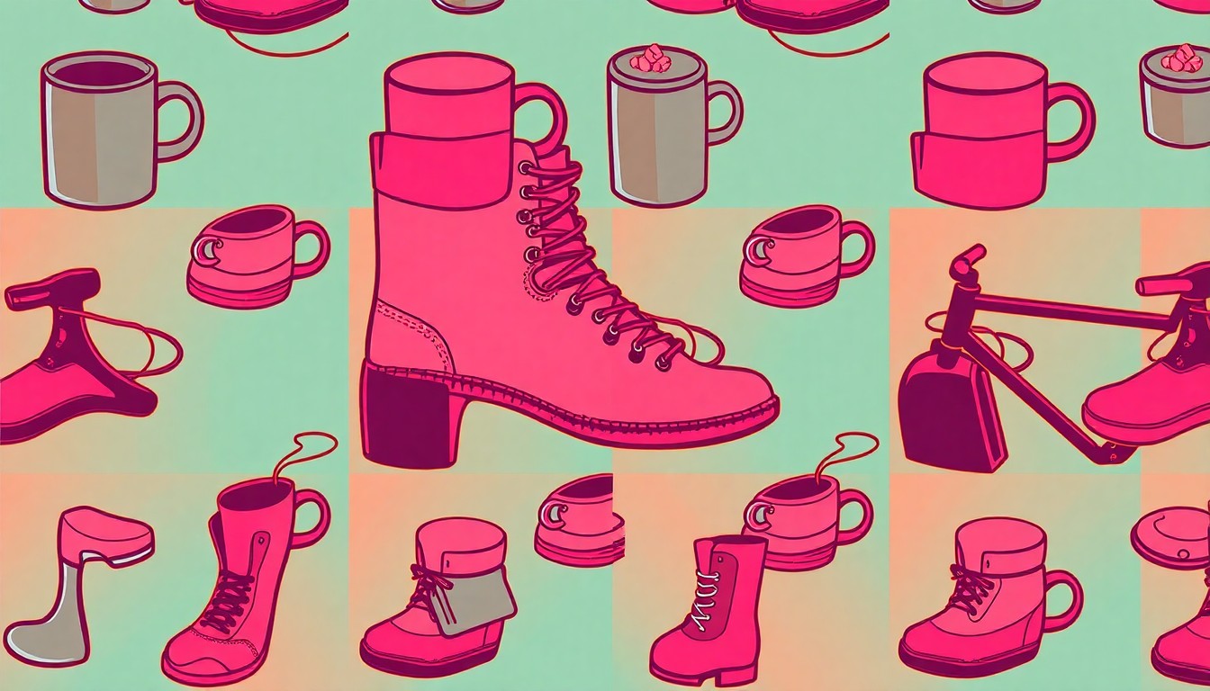 A brightly colored, high-contrast silkscreen print of a single, iconic Bend, Oregon lifestyle object like a coffee mug or hiking boot repeated in a tight grid pattern, capturing the energy and creativity of the local community.