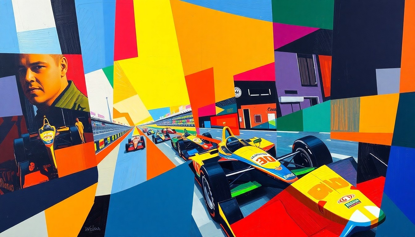 A cubist, geometric painting depicting an abstract IndyCar race scene, with the car and track broken down into sharp, overlapping planes of color and form.
