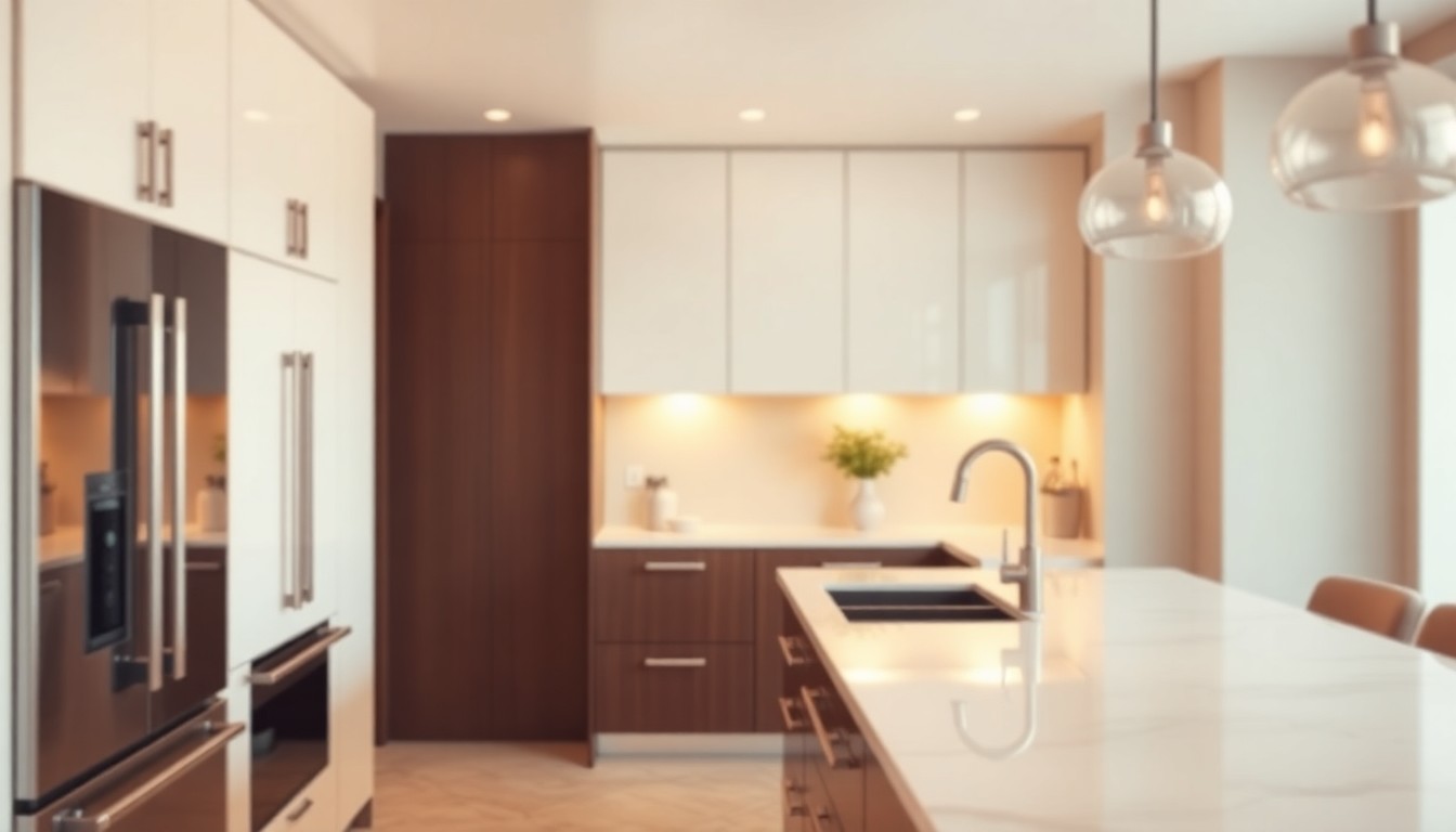 An abstract, impressionistic photograph in soft, warm tones depicting the interior of a modern, upscale kitchen with gleaming appliances and countertops.