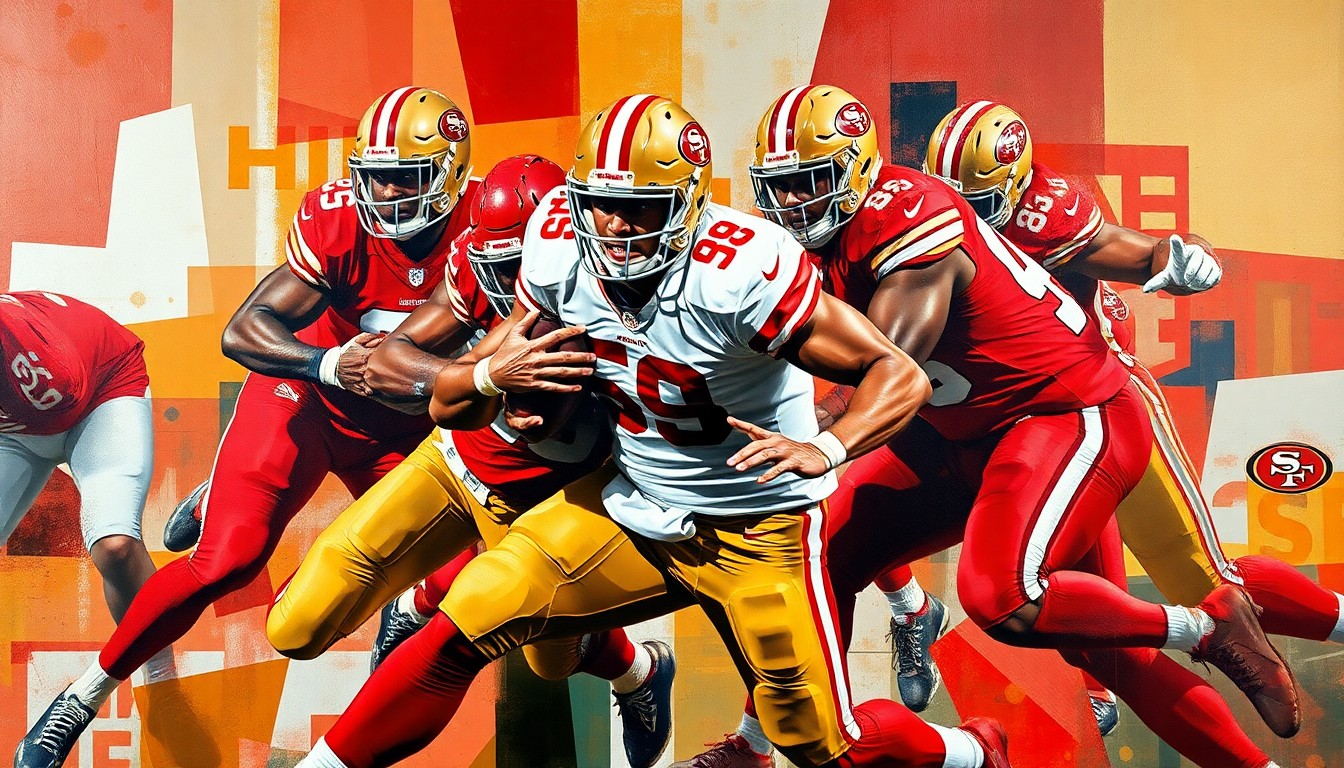 A fractured, geometric painting depicting the explosive movements of a defensive end rushing the quarterback, with sharp planes of scarlet red and metallic gold representing the 49ers' team colors.