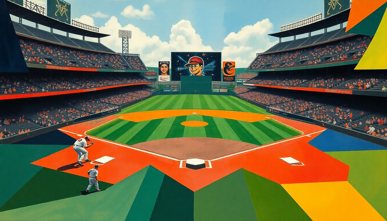 A fractured, cubist-style painting depicting an abstracted baseball game, with the oversized bases as the central focus, representing the humorous prank pulled by the Guardians' new manager.