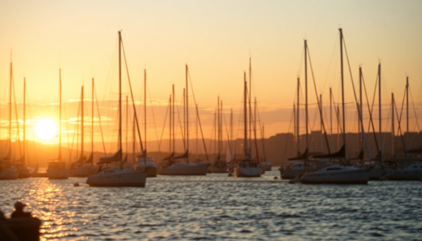 A hazy, impressionistic photograph of the Annapolis Harbor at sunset, with the silhouettes of boats and yachts reflected in the calm waters, creating a dreamlike, atmospheric scene.