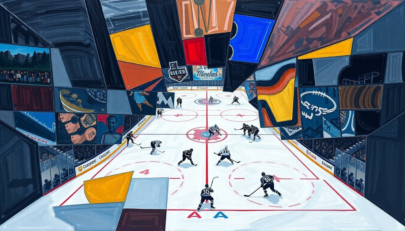 A cubist, geometric painting depicting a hockey game between the Colorado Avalanche and Los Angeles Kings, with the players and action broken down into sharp, overlapping planes of color and shape.