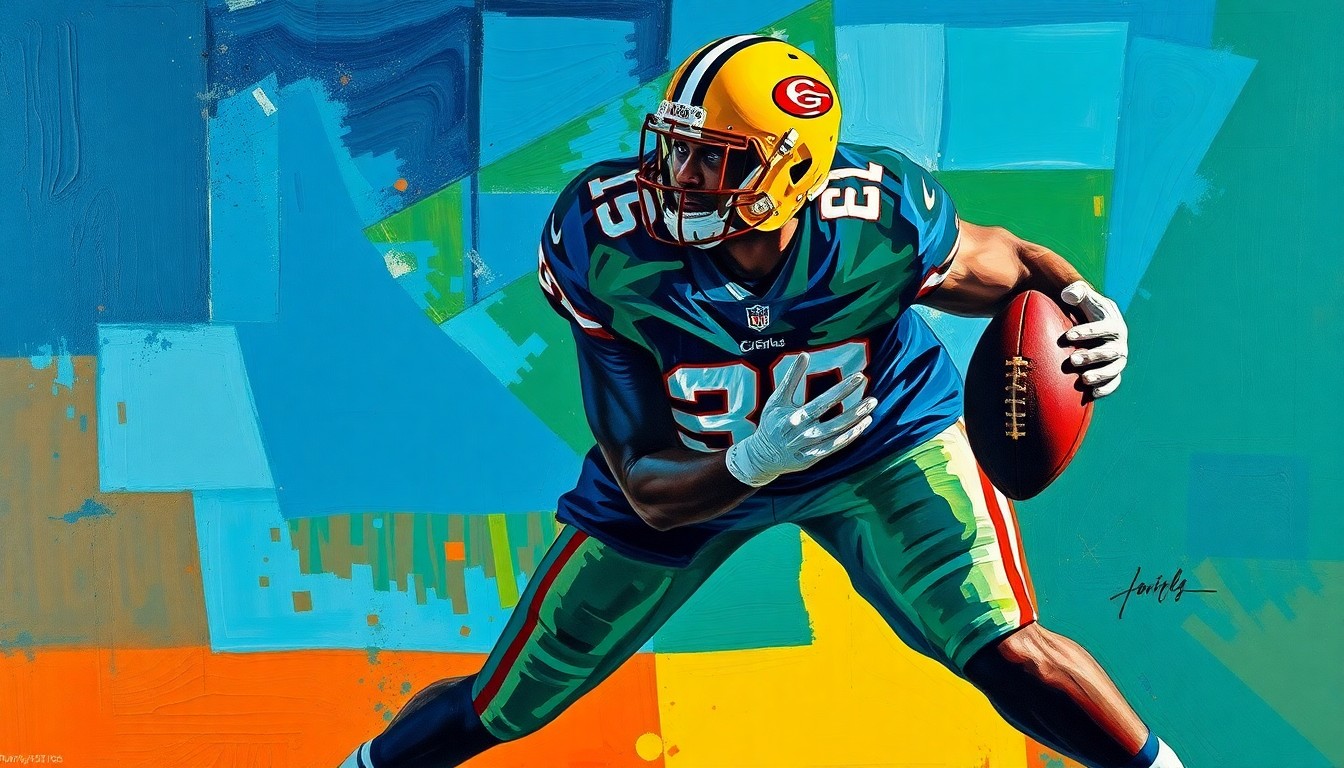 A cubist, geometric painting depicting a tight end in motion, with overlapping planes of deep blue, forest green, and burnt orange, conveying the technical aspects of the position that Johnson seeks to improve.