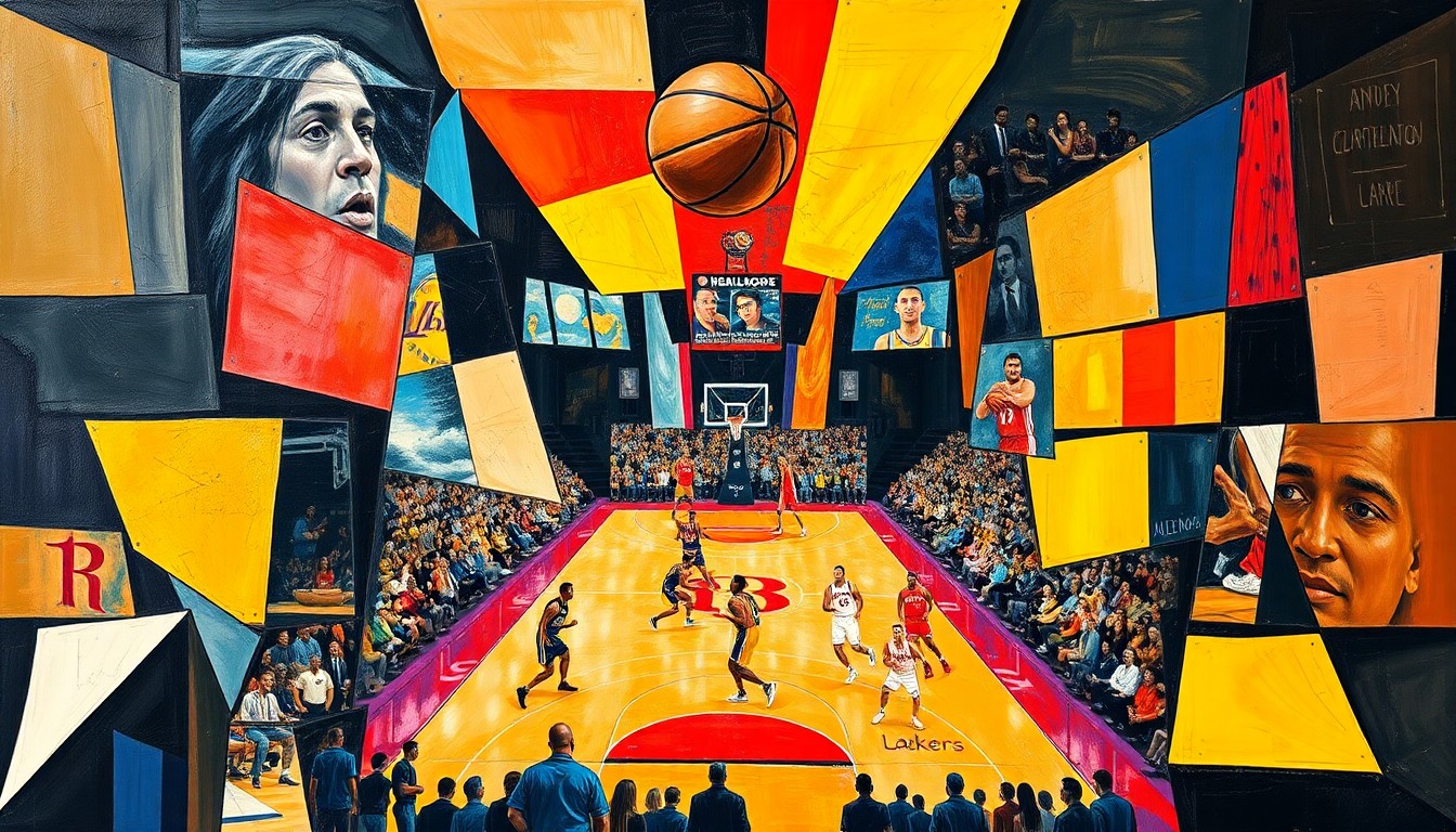 A cubist-style painting featuring fragmented, geometric shapes in vibrant colors representing the action and energy of a basketball game between the Lakers and Rockets.