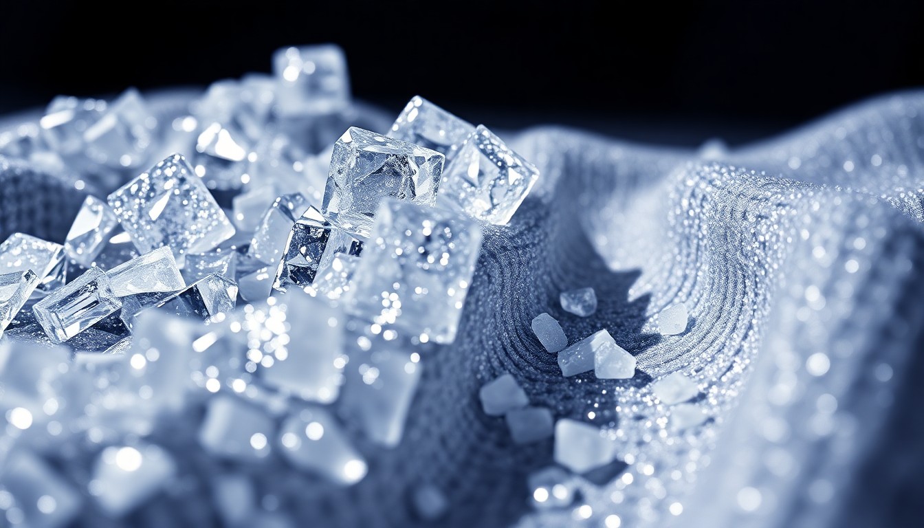 An extreme close-up of shimmering, reflective hockey equipment textures, such as a cracked helmet visor or a tattered jersey, captured in dramatic studio lighting to create a high-fashion, abstract aesthetic.