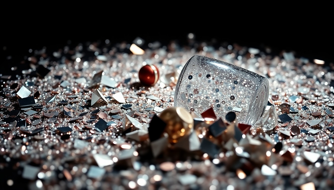 An extreme macro photograph of shimmering sequins and shattered glass, captured in high-contrast studio lighting to create a glamorous, high-fashion aesthetic without depicting any literal objects or people.