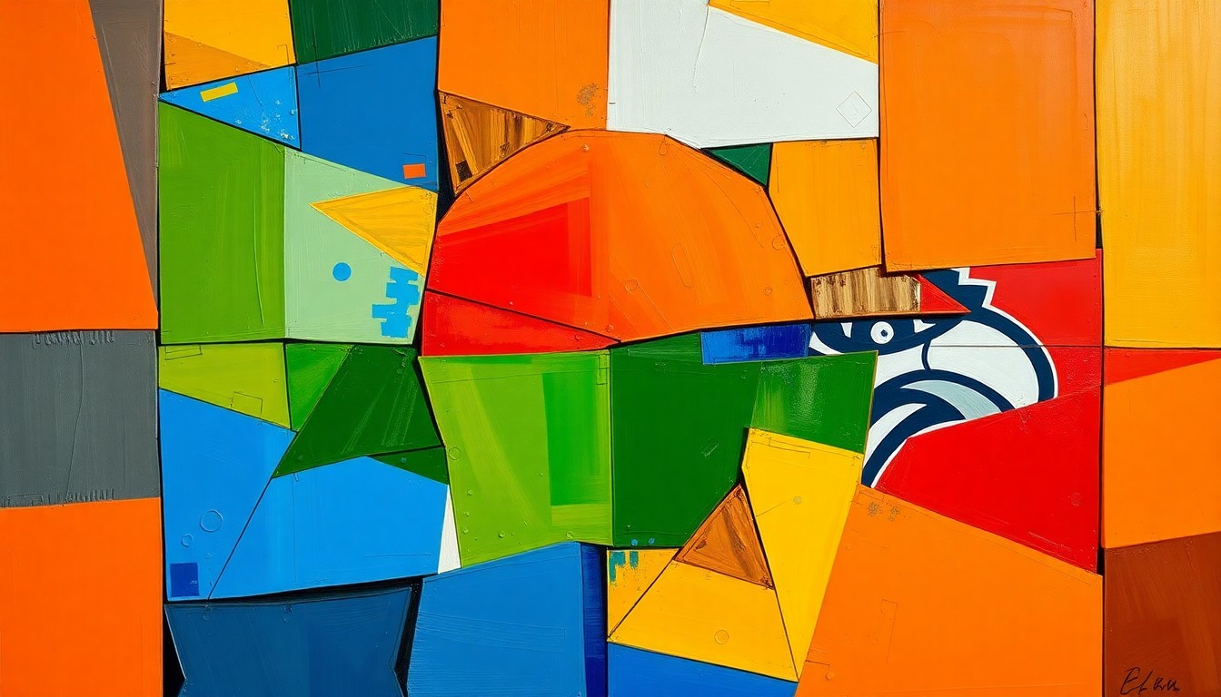 A cubist, geometric painting depicting the action and atmosphere of the Knicks-Hawks playoff game, with overlapping planes of bright orange, blue, and green hues.