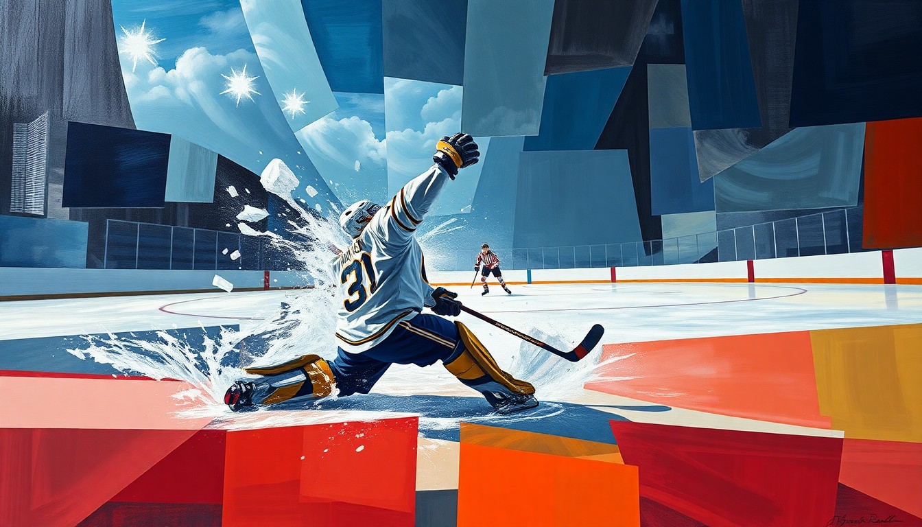 A fractured, cubist-style painting depicting a hockey goaltender making an athletic, mid-air save, with the puck suspended in the air and the geometric planes of the rink surrounding the action, conveying the drama and intensity of the playoff moment.