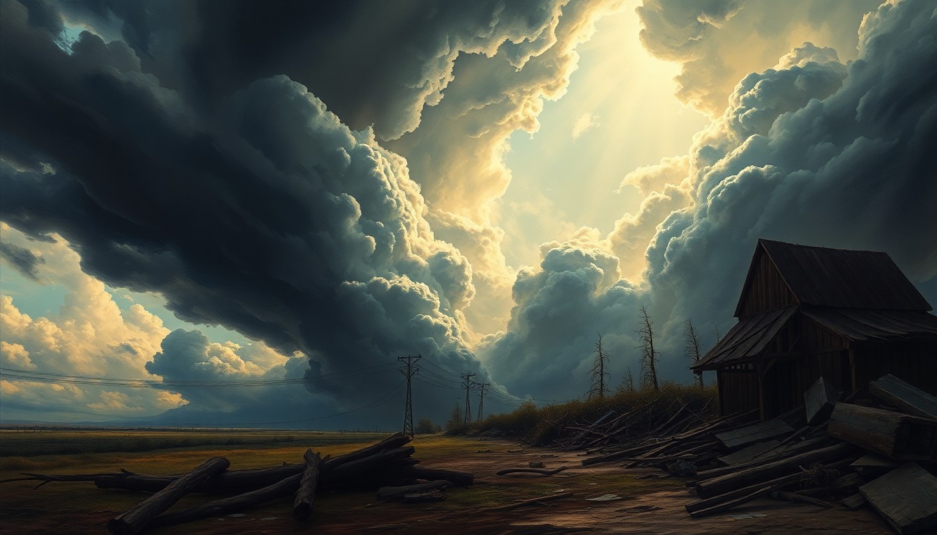 A vast, atmospheric landscape painting depicting a sweeping, turbulent storm system over the Midwest, with damaged structures and debris barely visible in the foreground, dwarfed by the overwhelming scale and drama of the natural elements.
