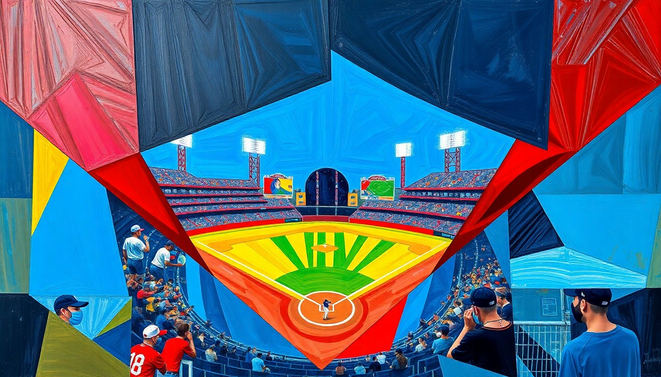 A cubist, geometric painting depicting a baseball game in motion, with fragmented shapes and overlapping planes of vivid colors representing the action on the field.