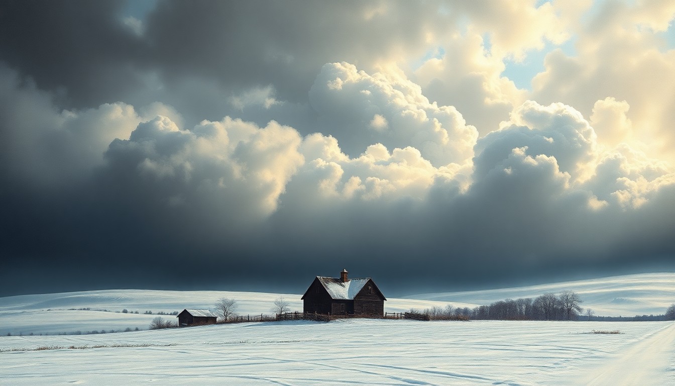 A sweeping, atmospheric landscape painting in muted tones of white, grey, and blue, depicting a small farmhouse or barn structure barely visible through the heavy, swirling clouds of an impending snowstorm, conveying the sublime scale and power of the natural world.