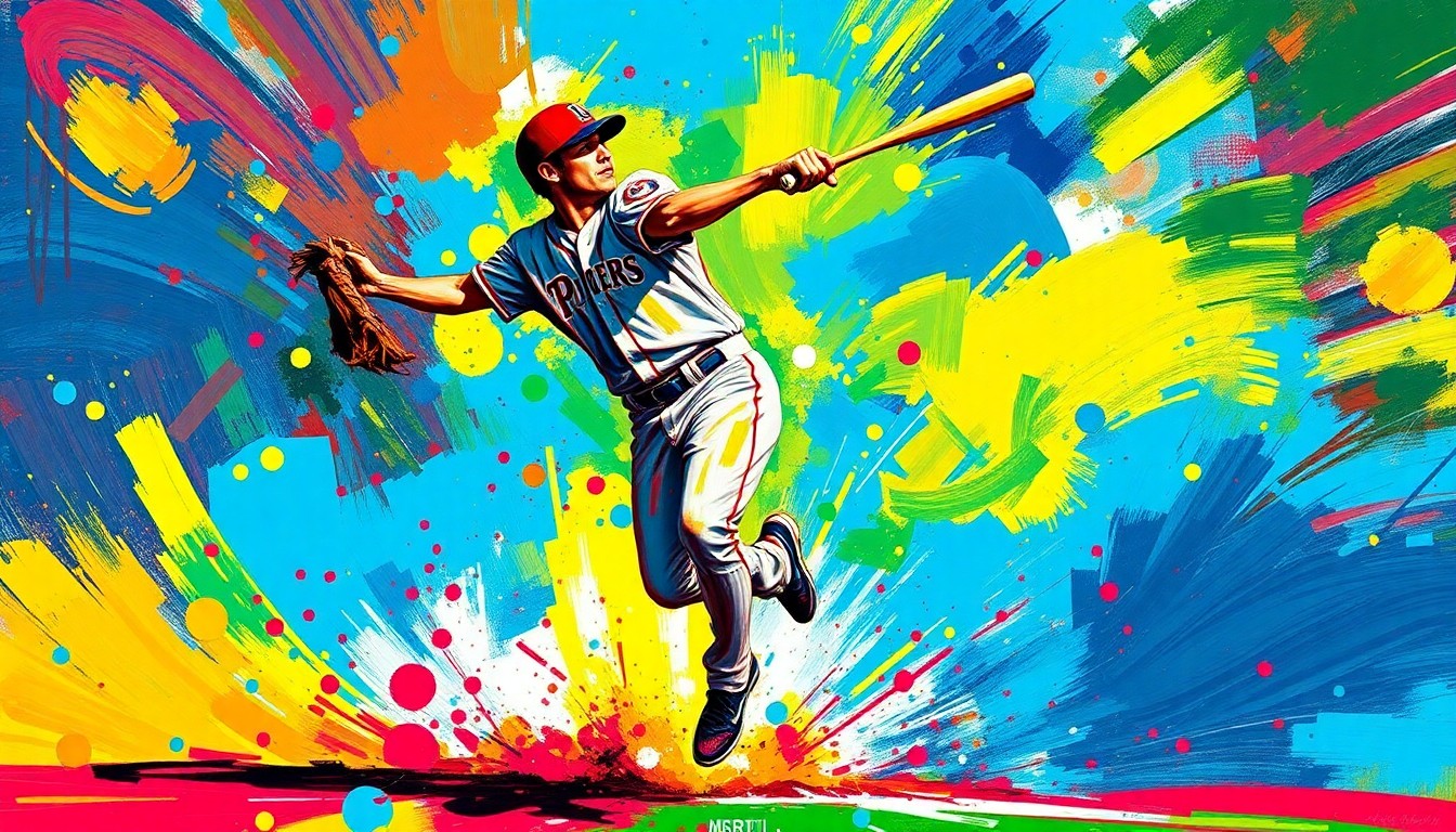 An abstract expressionist painting depicting the intense, leaping motion of an outfielder making a highlight-reel catch to rob a home run, with the players' forms dissolving into vibrant splashes of neon color.