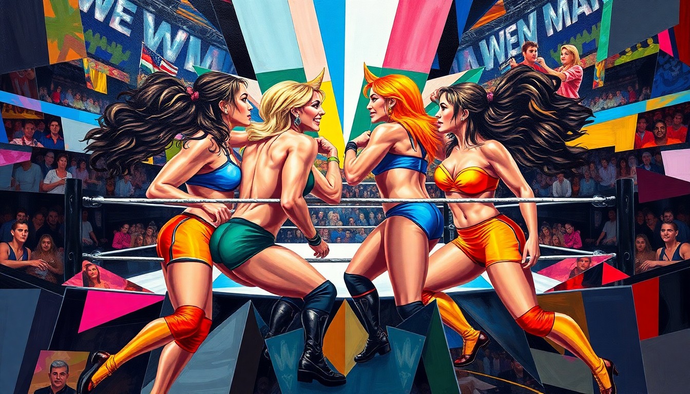 A fragmented, geometric painting depicting the dynamic movements and clashing colors of a Wrestlemania women's tag team match, capturing the raw intensity of the event.