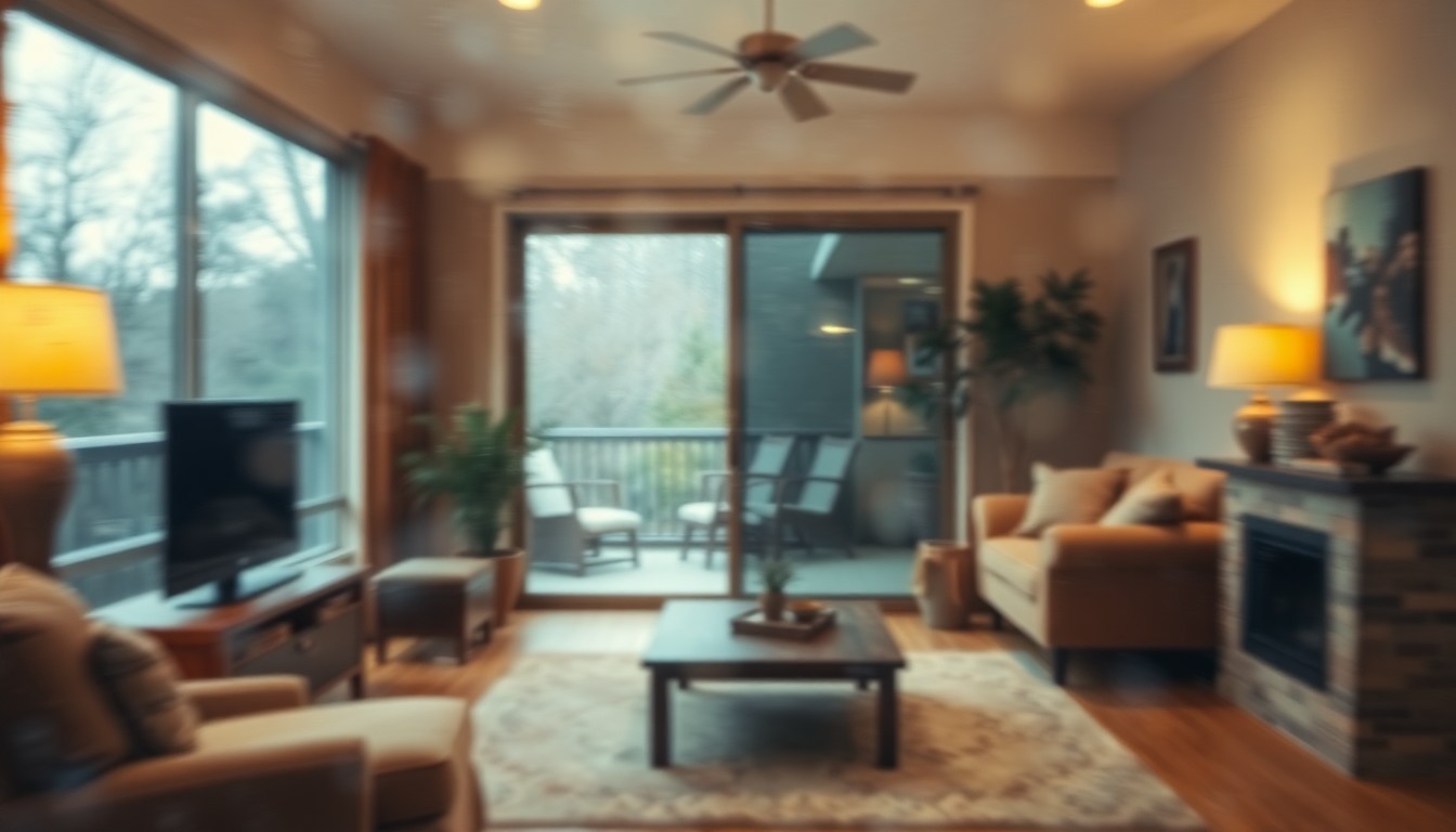An extremely blurred, impressionistic photograph of a cozy living room with a sliding glass door leading to an outdoor patio, all captured in soft, hazy tones of amber, olive, and sage.
