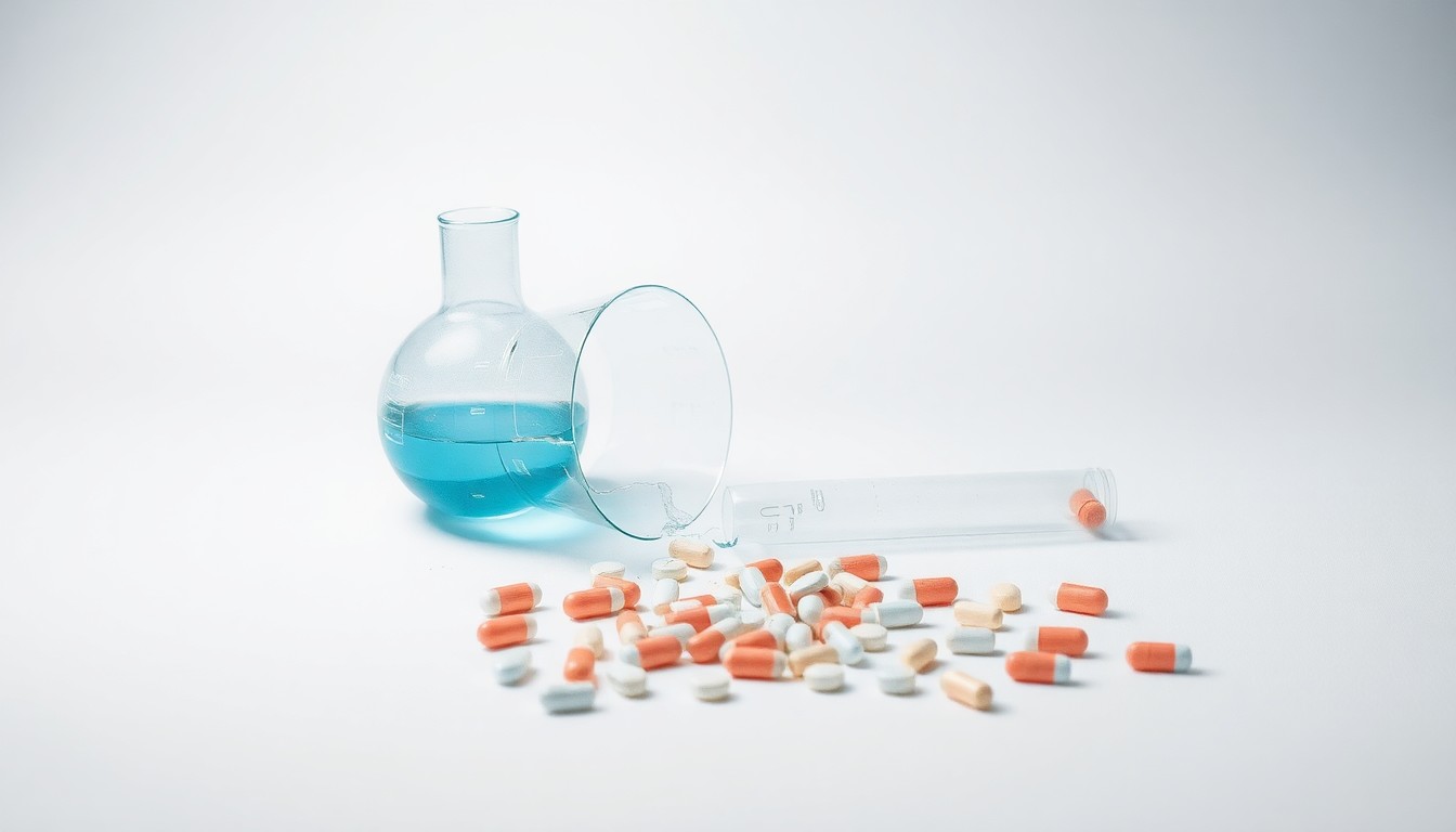 A photorealistic studio still life featuring broken laboratory equipment and scattered pills, symbolizing the collapse of Corcept's drug development efforts and the impact on investors.