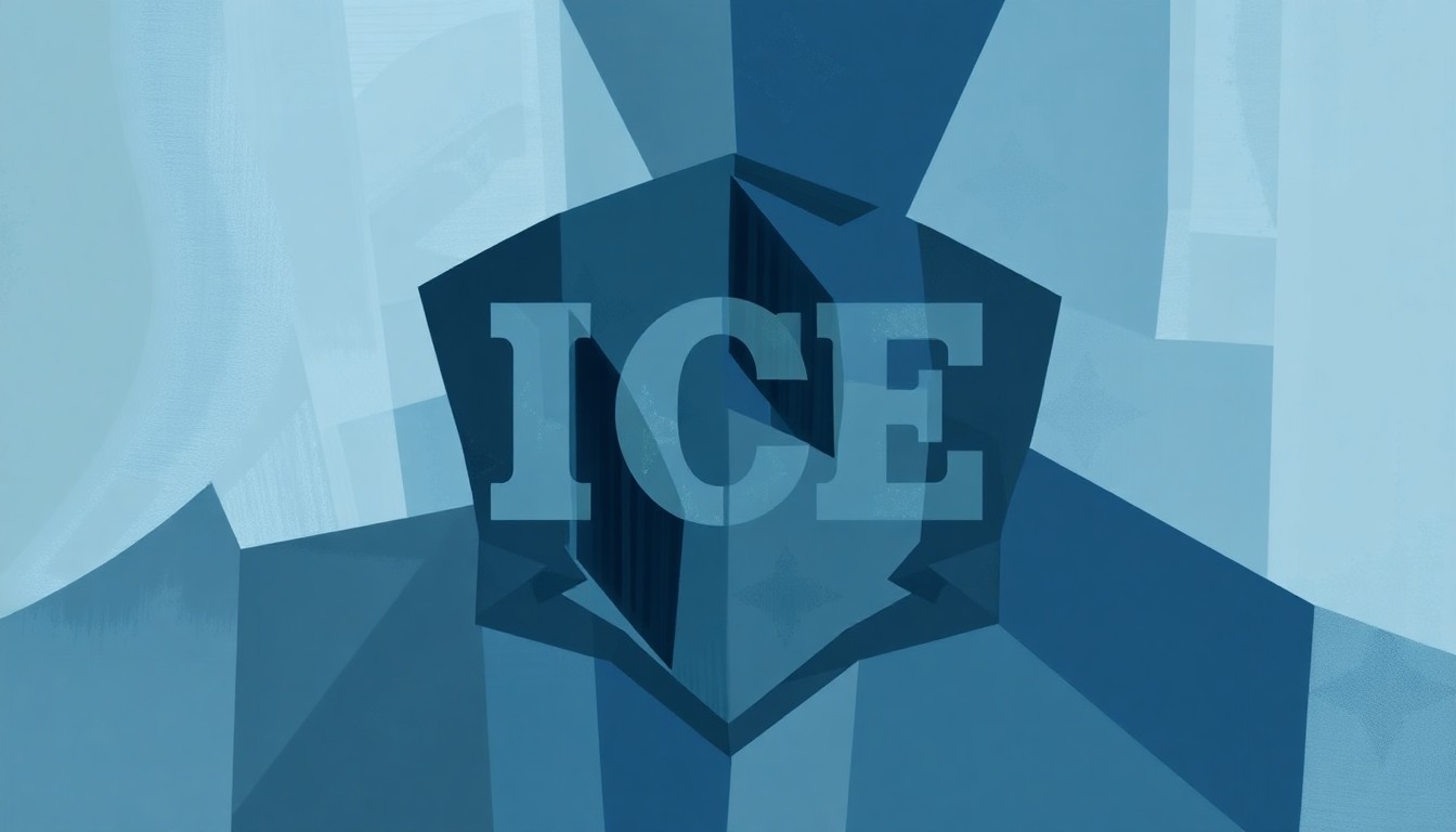 A fragmented, abstract painting of an ICE insignia or badge, rendered in overlapping geometric shapes and muted tones, conceptually representing the disruption and upheaval caused by aggressive immigration enforcement actions.