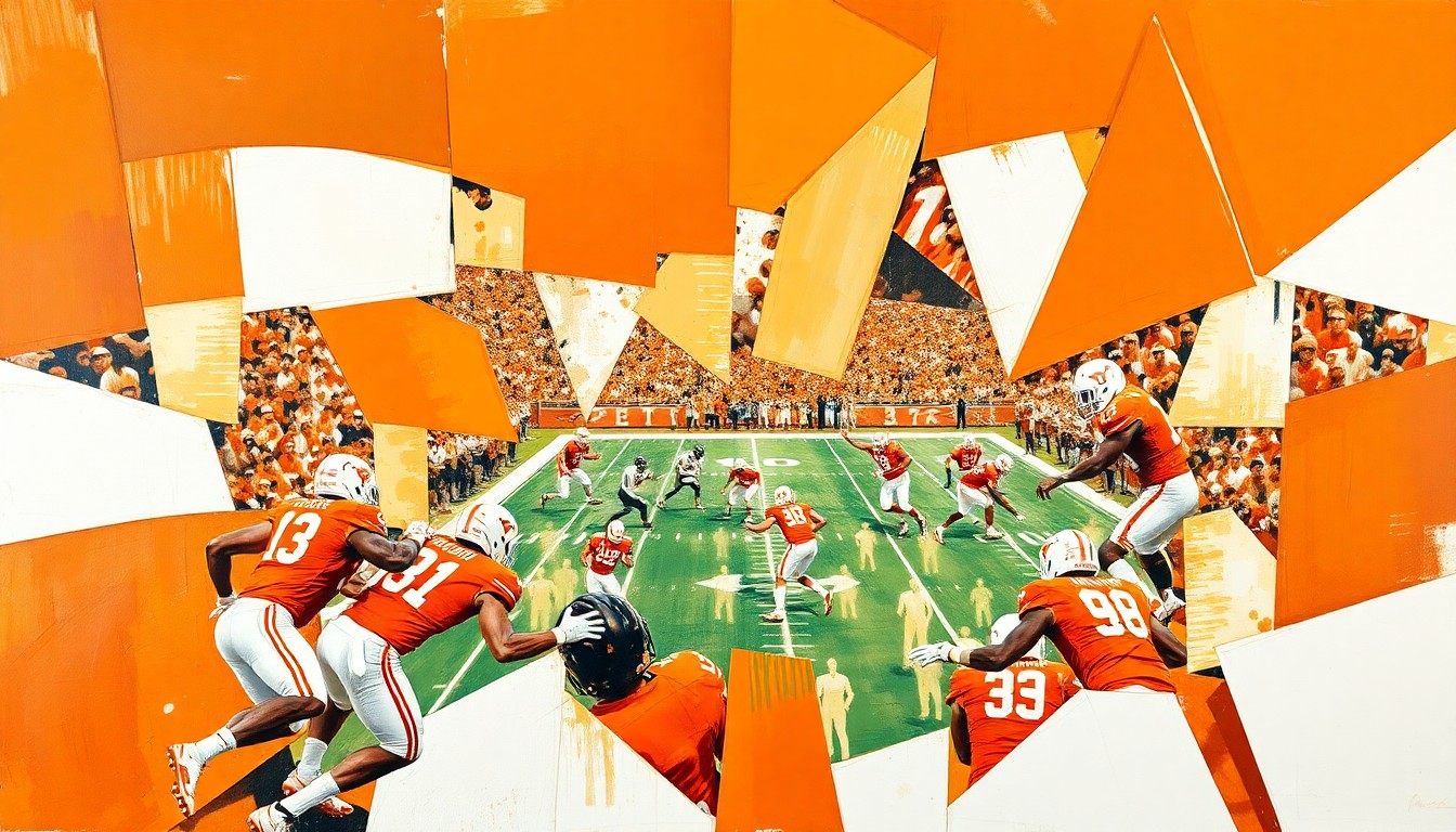 A cubist-style painting depicting a Texas Longhorns football game, with players' forms broken down into sharp, overlapping geometric shapes in shades of burnt orange and white, conveying the team's intensity and strategic depth.