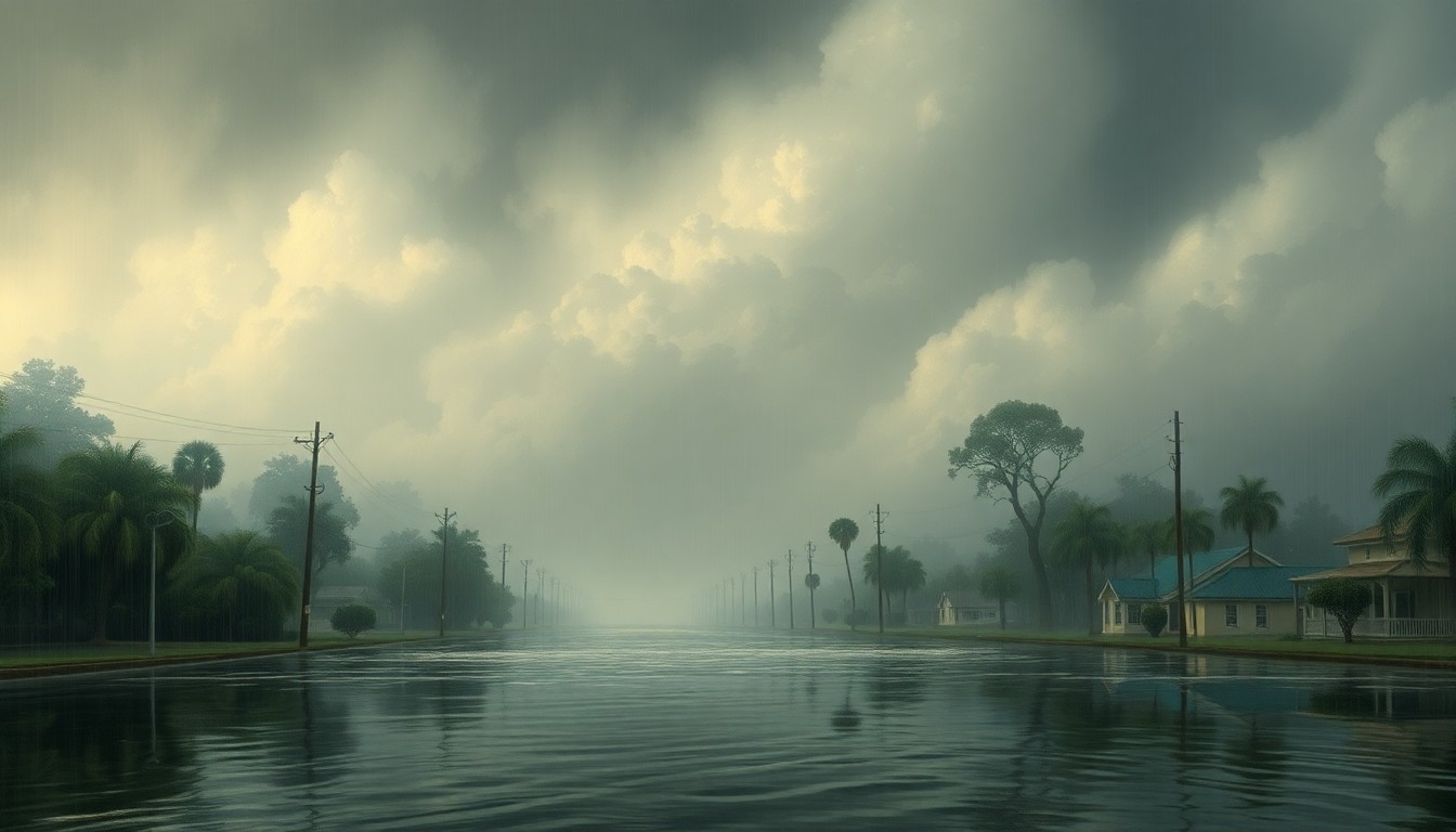A sweeping, atmospheric landscape painting in muted blues and grays, depicting a flooded street in a small town, with the surrounding buildings and trees obscured by heavy rain and mist, conveying the overwhelming scale of the natural forces at play.