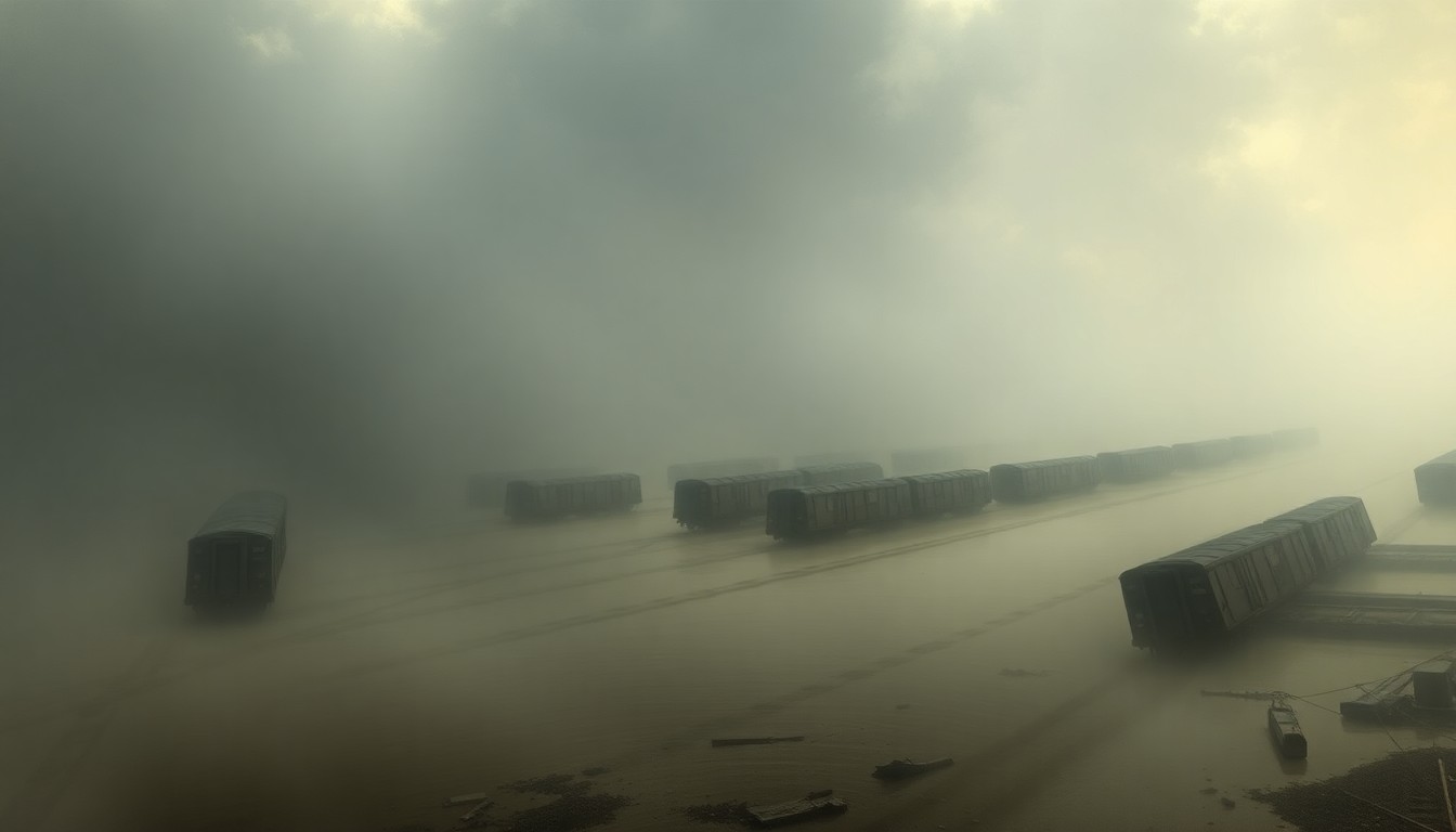 A moody, atmospheric landscape painting showing a flooded train yard with partially submerged derailed train cars, conveying the overwhelming scale and impact of the natural disaster.