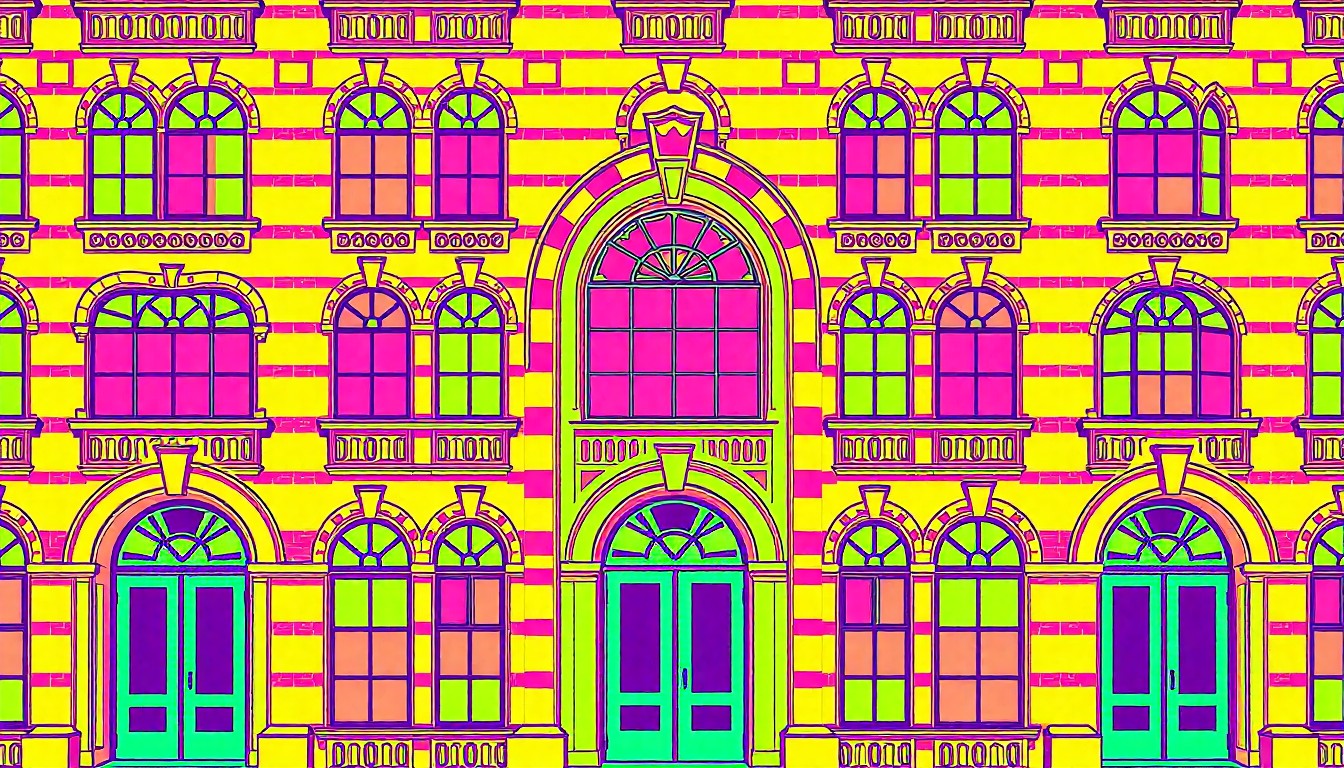 A high-contrast silkscreen print featuring a repeated pattern of an ornate Victorian architectural element, such as an arched window or entryway, rendered in vibrant neon colors against a black background, conceptually representing the historic and modern fusion of this downtown Burlington condo.