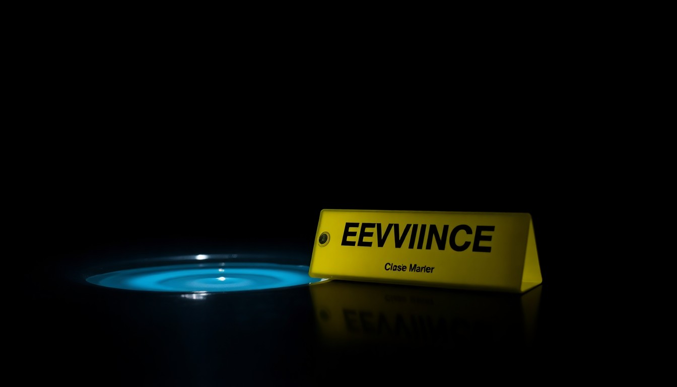 An extreme close-up photograph of a single police evidence marker placed next to a small pool of water, conceptually illustrating the start of an investigation into an unexplained death.