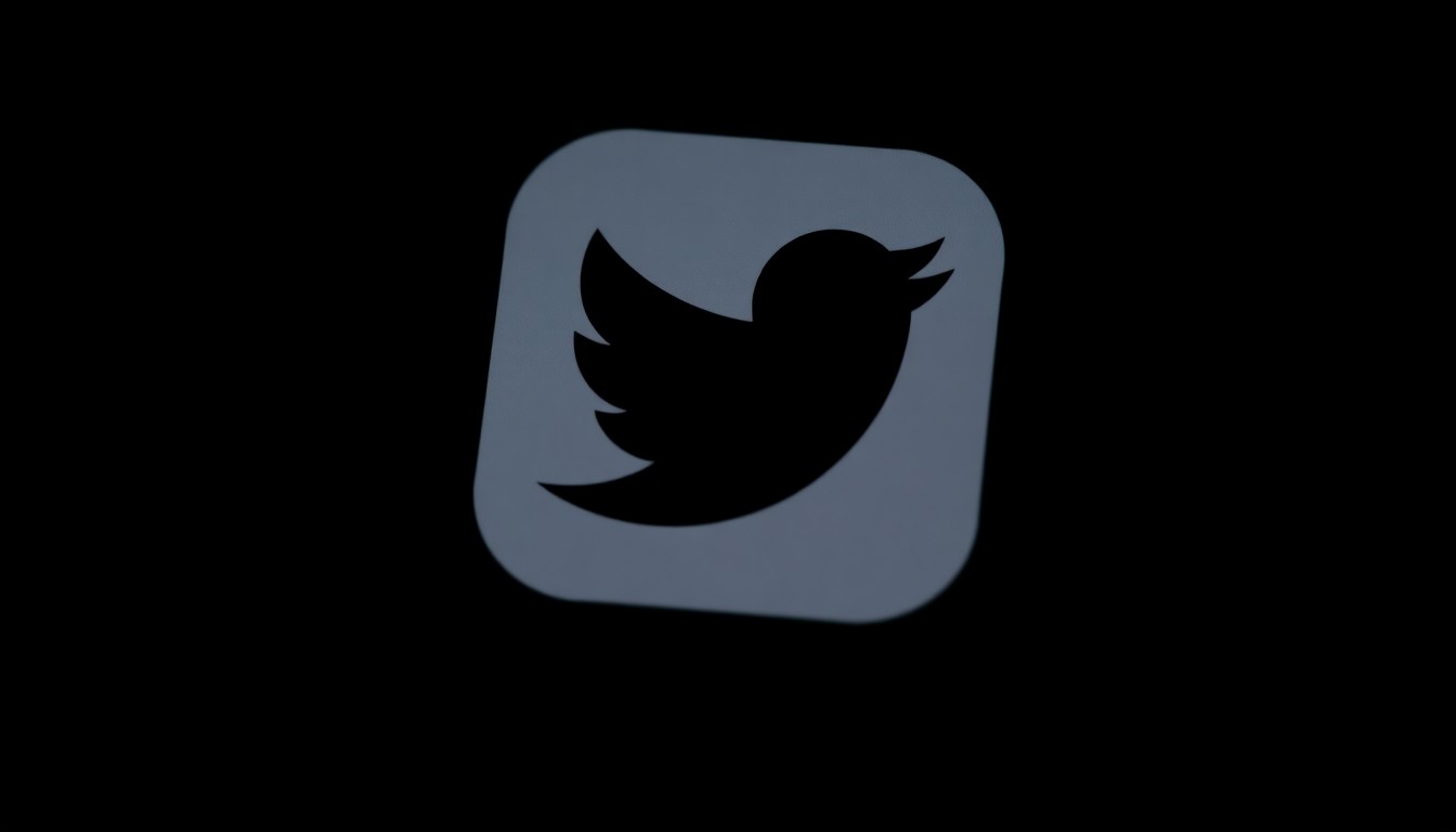 An extreme close-up photograph of a hacked Twitter app icon, the metallic surface reflecting a harsh, direct camera flash against a pitch-black background, conceptually illustrating the threat of online terrorist propaganda.