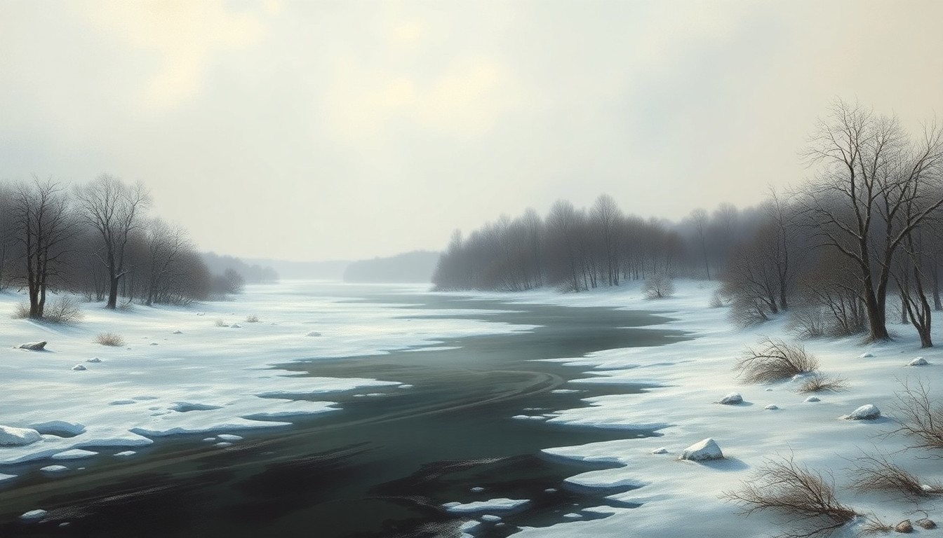 A sweeping, atmospheric landscape painting in muted tones of gray, white, and blue, depicting a frozen, snow-covered riverbank with bare trees silhouetted against an overcast sky, conveying the overwhelming scale and sublime beauty of the natural world.