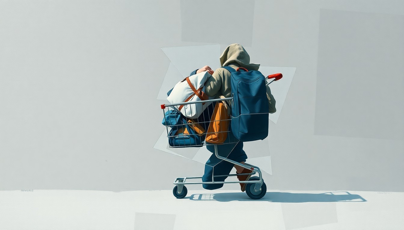 A heavily textured, fragmented painting in muted tones depicting the personal belongings of a homeless person, conveying a sense of motion and instability.