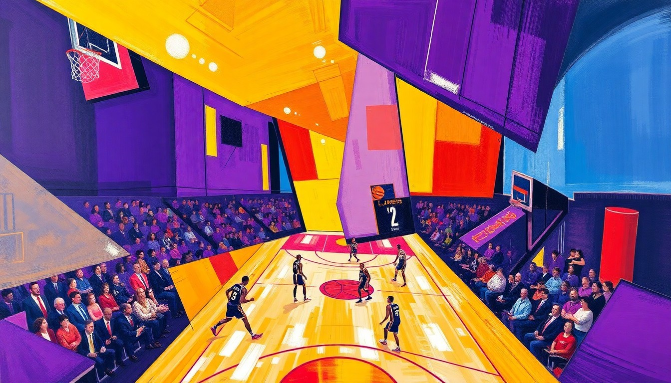 A cubist, geometric painting depicting a fractured, multi-angle view of a basketball game, with sharp planes of purple, gold, red, and blue colors representing the Lakers and Rockets in competition.