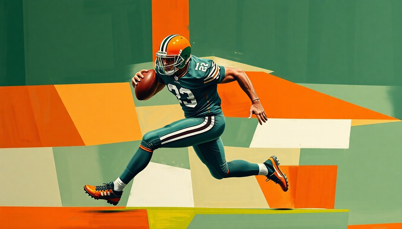 A cubist-style painting depicting a football player in mid-stride, broken down into overlapping geometric shapes and planes in a palette of green, orange, and navy, conceptually representing the dynamic energy of a new player joining a team.