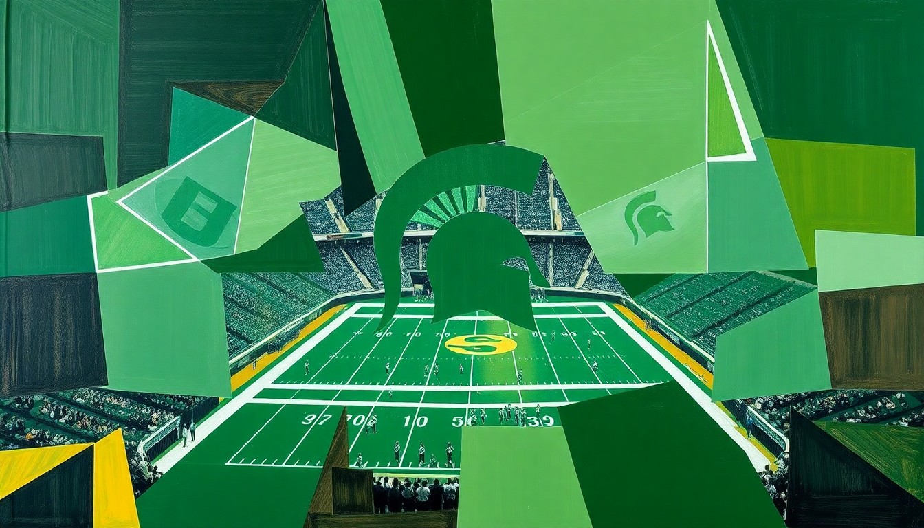 A cubist, geometric painting depicting a Michigan State football game, with players and the field broken down into sharp, overlapping shapes and planes in a variety of green, white, and gold hues.