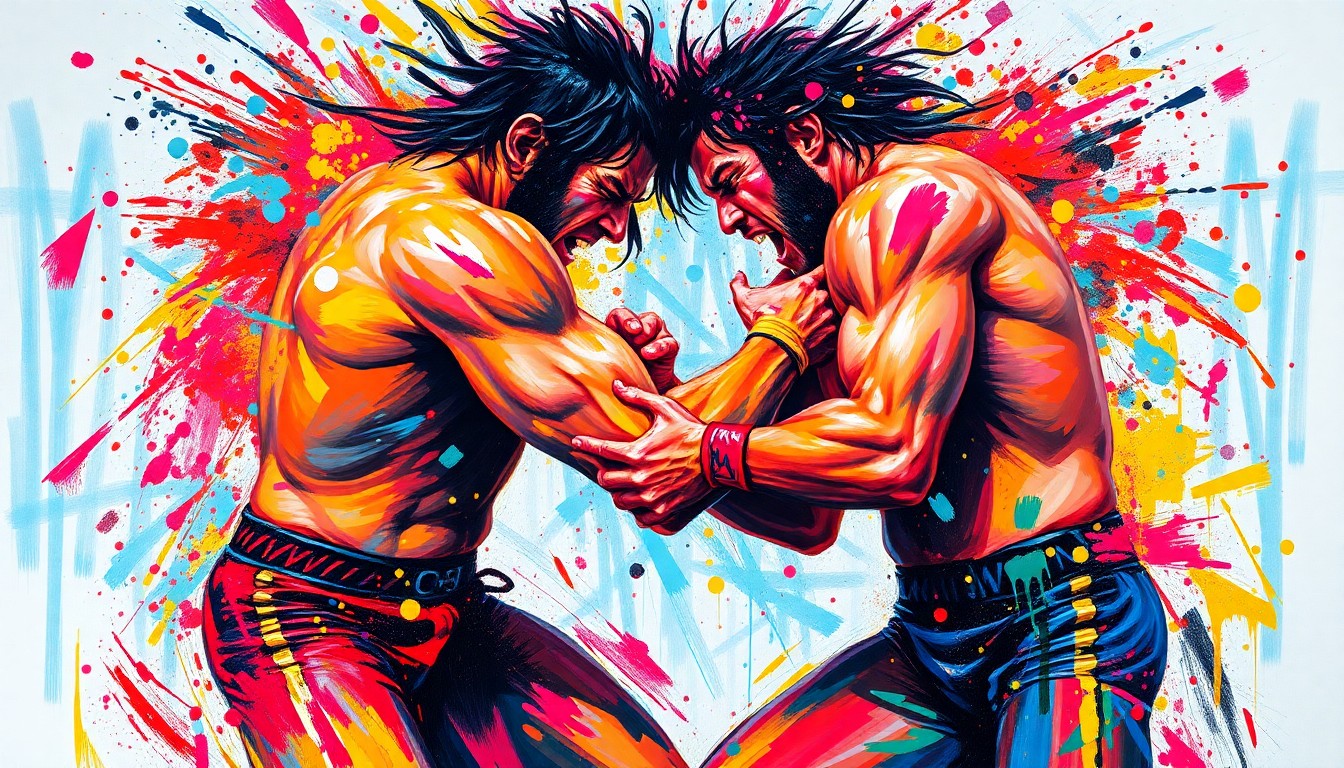 An extreme close-up of two wrestlers in mid-grapple, their faces and bodies dissolved into a vibrant, expressionist painting of neon brushstrokes and splatters, conveying the intense physical energy and confrontation of the moment.