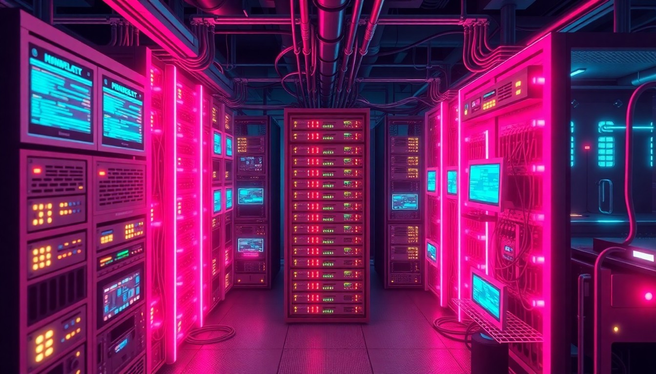 A highly detailed, glowing 3D illustration of Snowflake's Production Control Plane infrastructure, featuring recognizable hardware components like servers, networking cables, and data storage devices illuminated by neon cyan and magenta lights, conceptually representing the complex, interconnected nature of the control plane systems that power the company's cloud data platform.