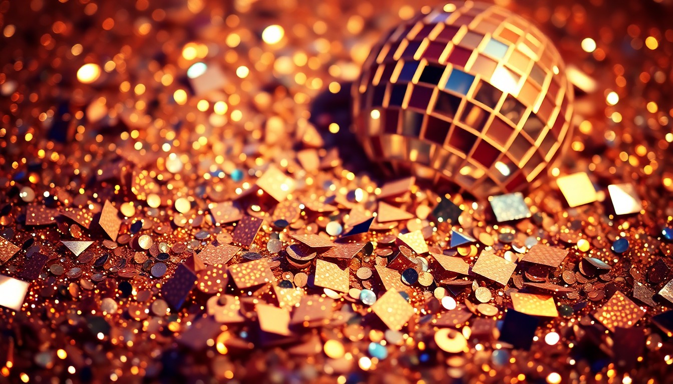 An abstract close-up photograph featuring a dazzling array of glittering sequins and shattered disco ball fragments, conceptually representing the glamour and exclusivity of a secret Coachella music performance.