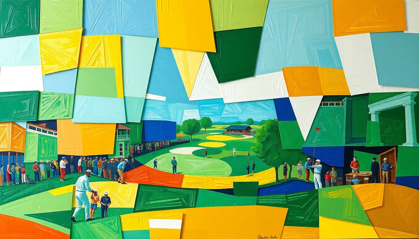 A cubist, multi-perspective painting in vibrant colors depicting a fractured golf tournament scene, with sharp, overlapping geometric shapes representing the competitive action on the course.