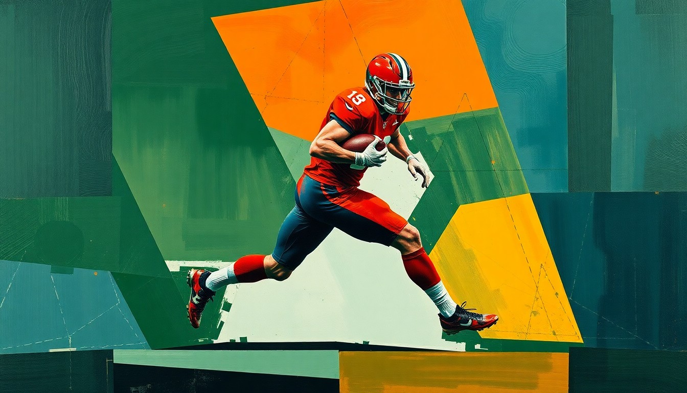 A fragmented, geometric painting in shades of green, blue, and orange depicting a football player in motion, conveying the disruption and uncertainty caused by the player's neck injury.