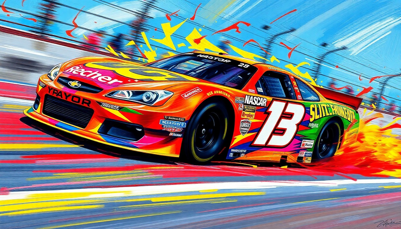 An abstract, energetic painting featuring a NASCAR race car in motion, with vibrant brushstrokes and neon colors capturing the raw speed and power of the vehicle.