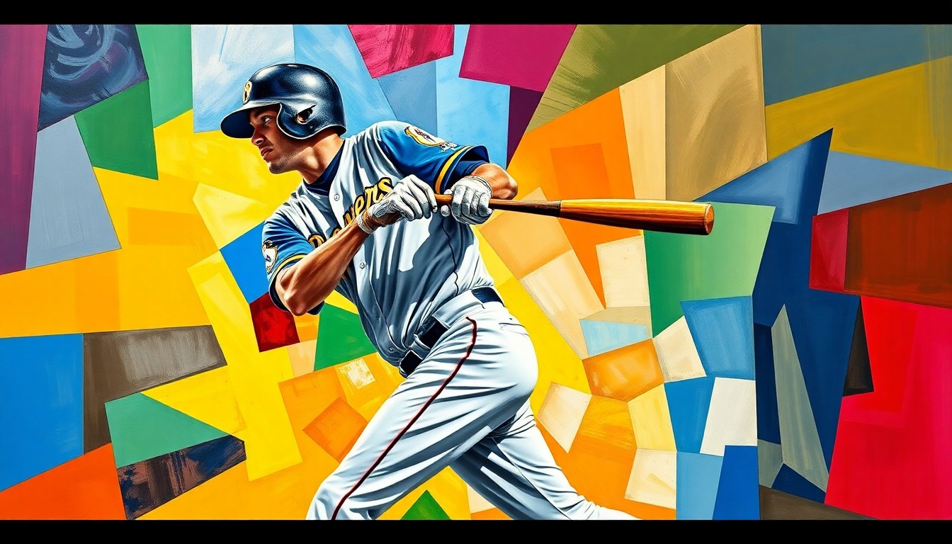 A cubist, geometric painting depicting a baseball player in mid-swing, the ball and field fractured into overlapping planes of bright blue, green, and orange.