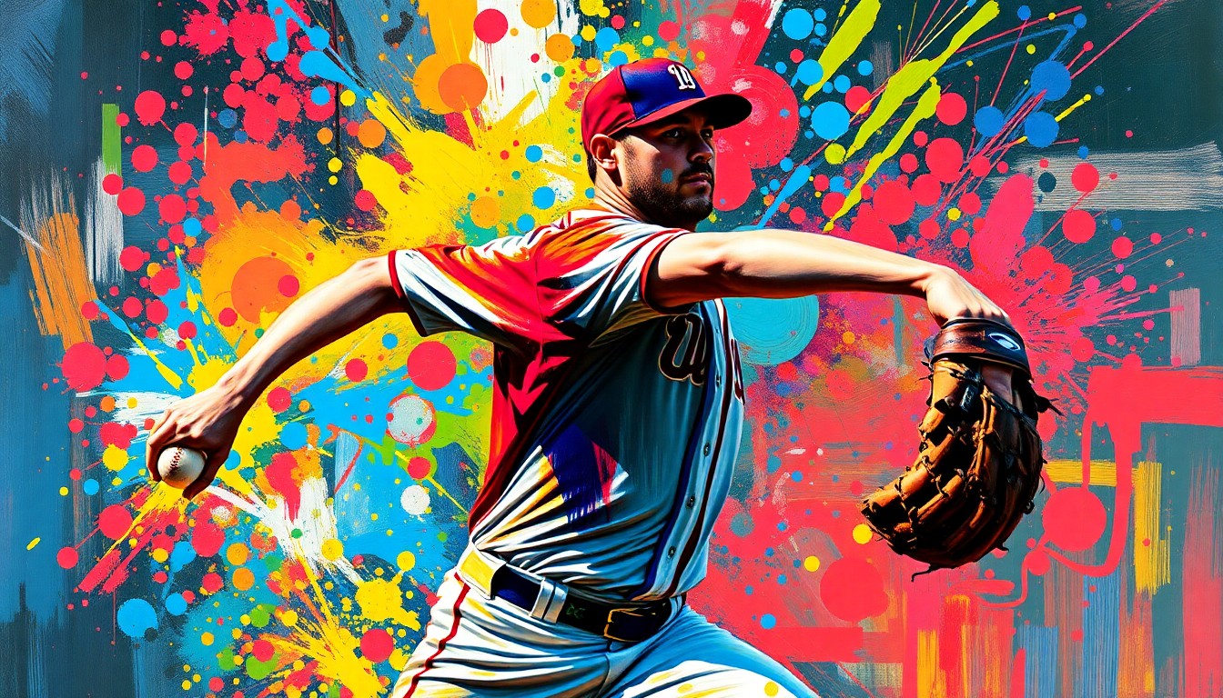 An abstract, expressionist painting depicting the intense motion and energy of a baseball pitcher on the mound, with vibrant neon colors and rapid brushstrokes obscuring specific details.