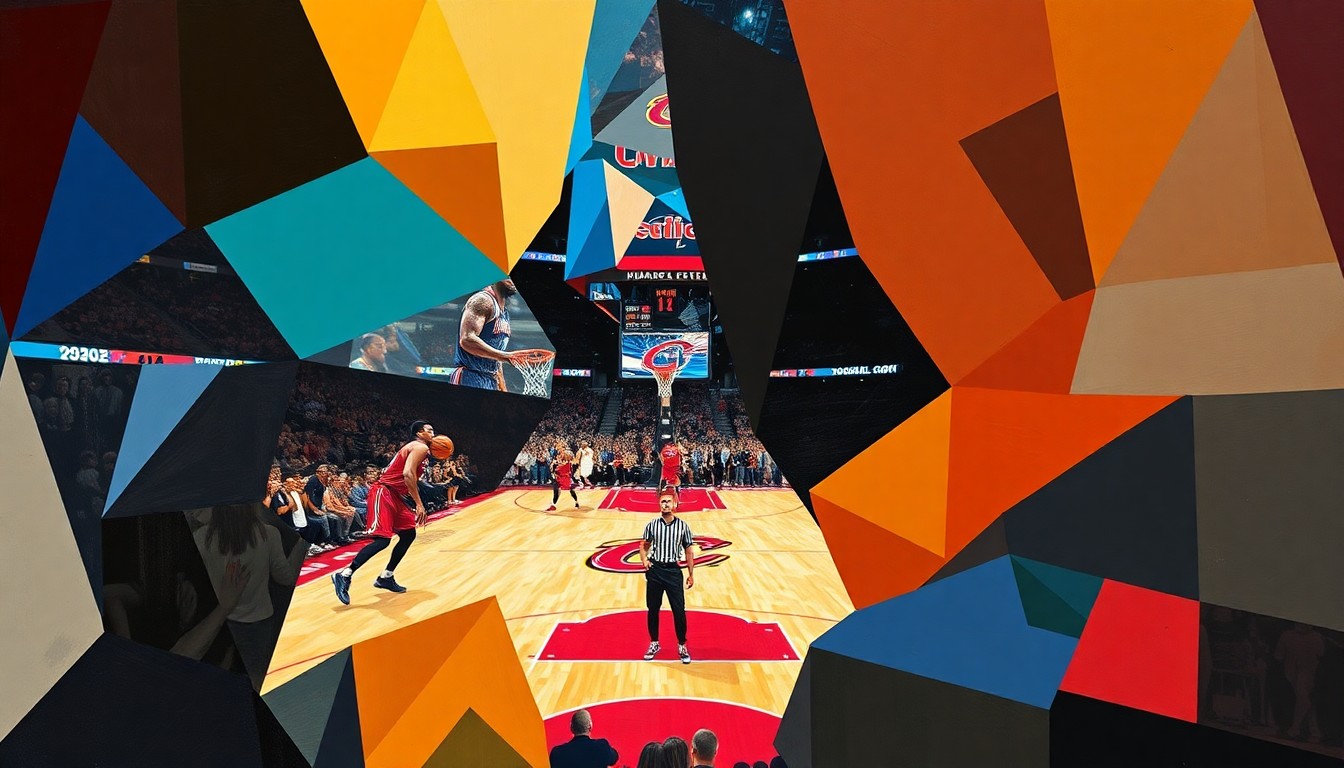 A cubist, geometric painting depicting a basketball game between the Cleveland Cavaliers and Toronto Raptors, with the players' figures abstracted into angular, colorful shapes and the court and arena fading into the background.