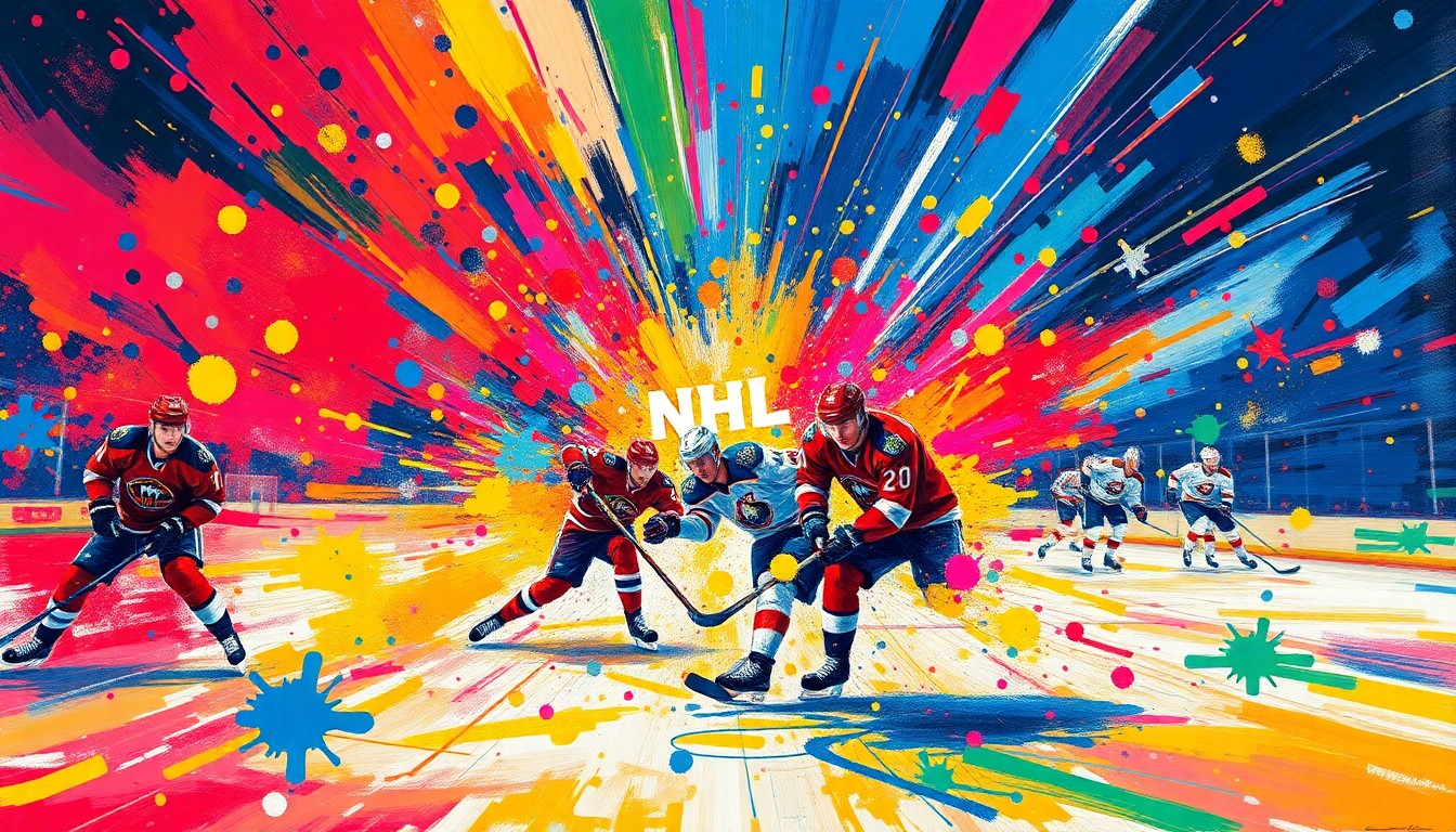 An abstract, expressionist painting in vibrant neon colors depicting the chaotic action and movement of an NHL playoff hockey game, with players' forms dissolving into unrecognizable brushstrokes.